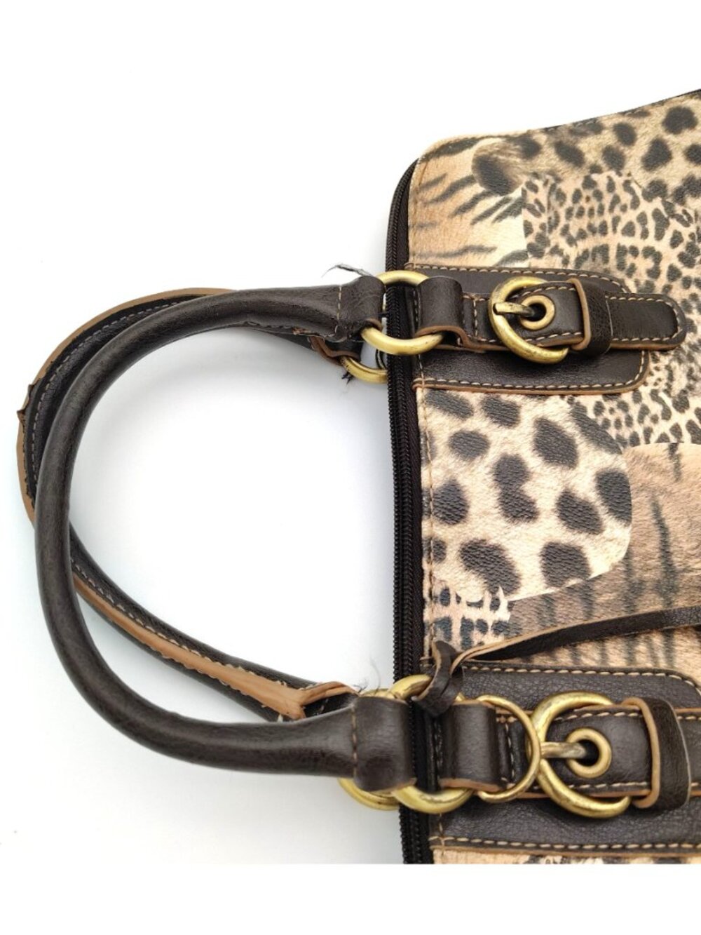 Animal Print Satchel Handbag Leopard Zebra Pattern Brown Structured Purse - Picture 3 of 8